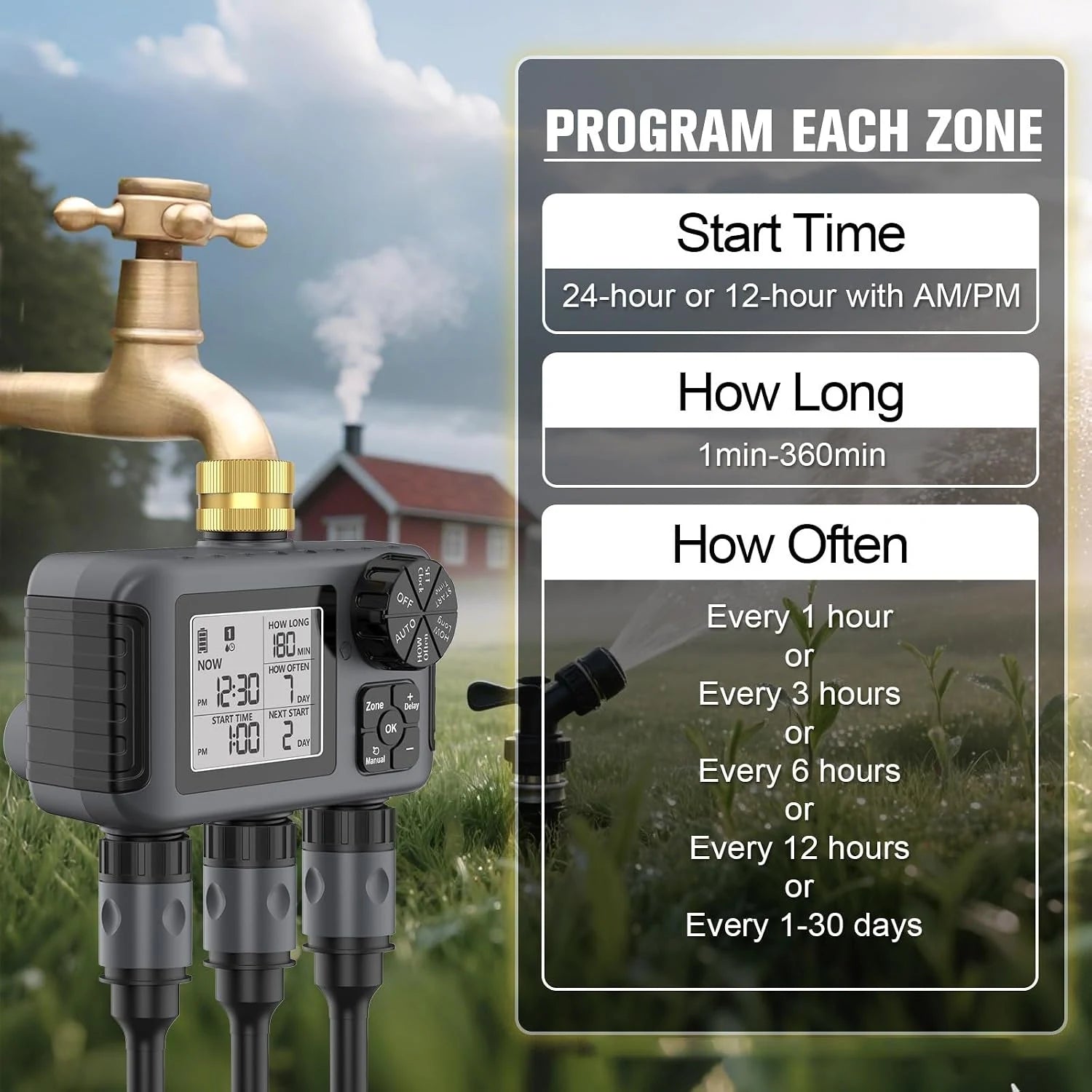 Programmable irrigation timer with start time, duration and frequency settings