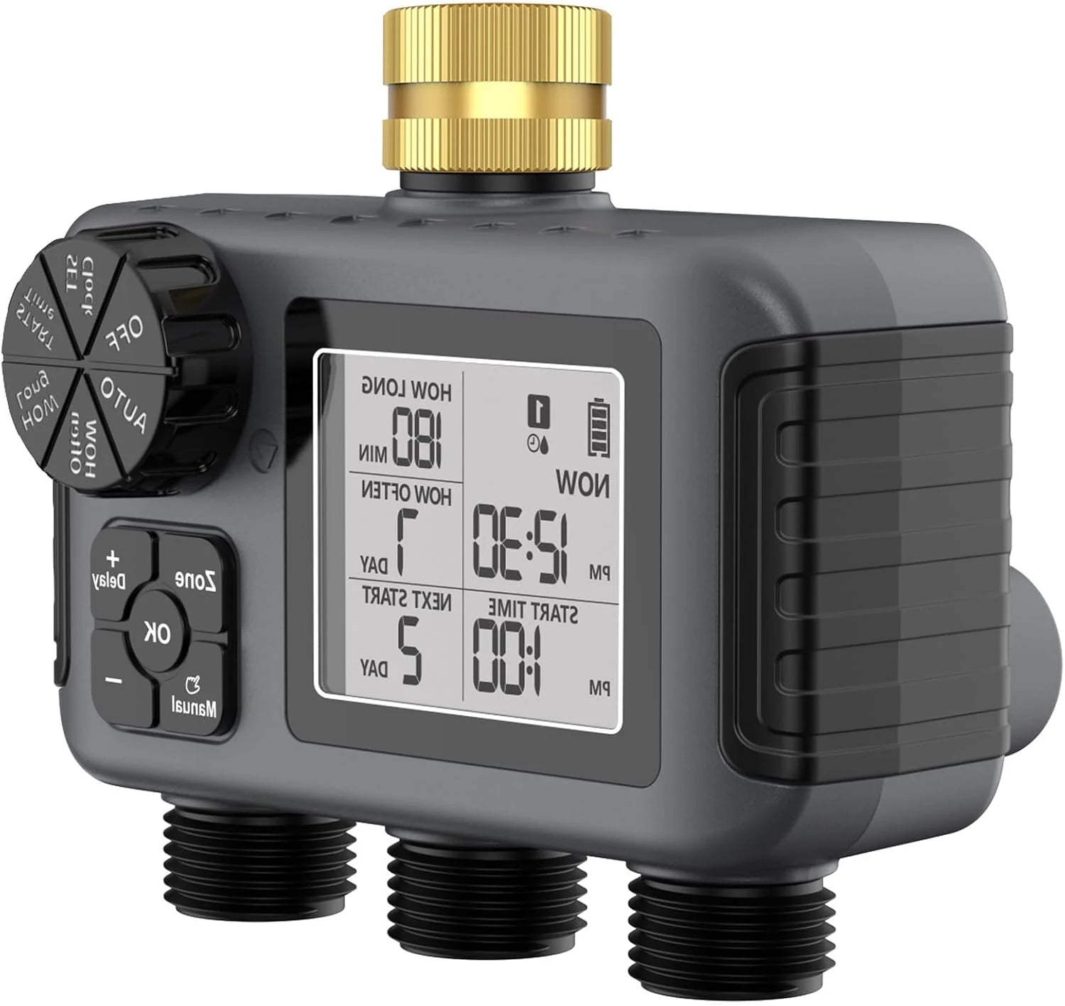 Three outlet garden watering timer with large LCD screen and metal tap connector