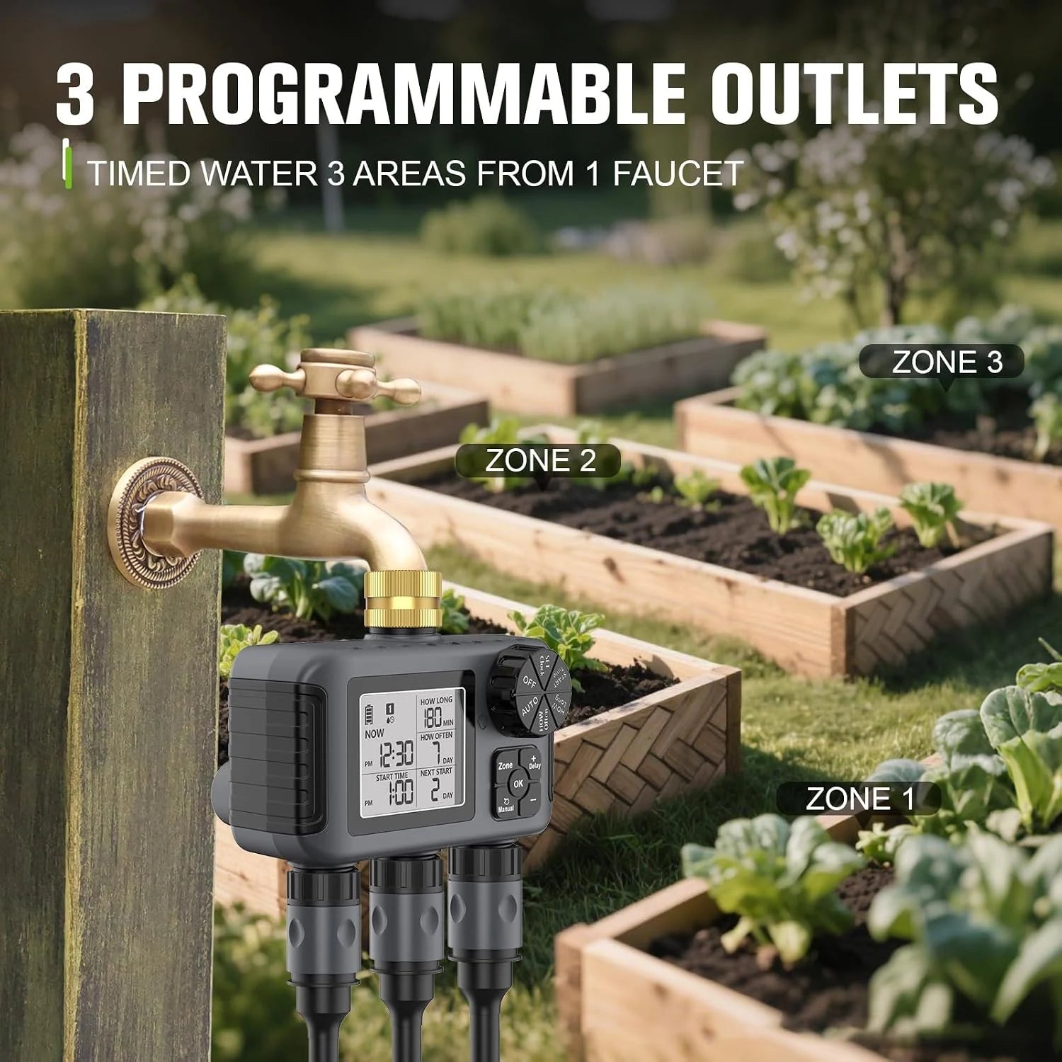 Three zone programmable garden watering timer watering three areas from one faucet